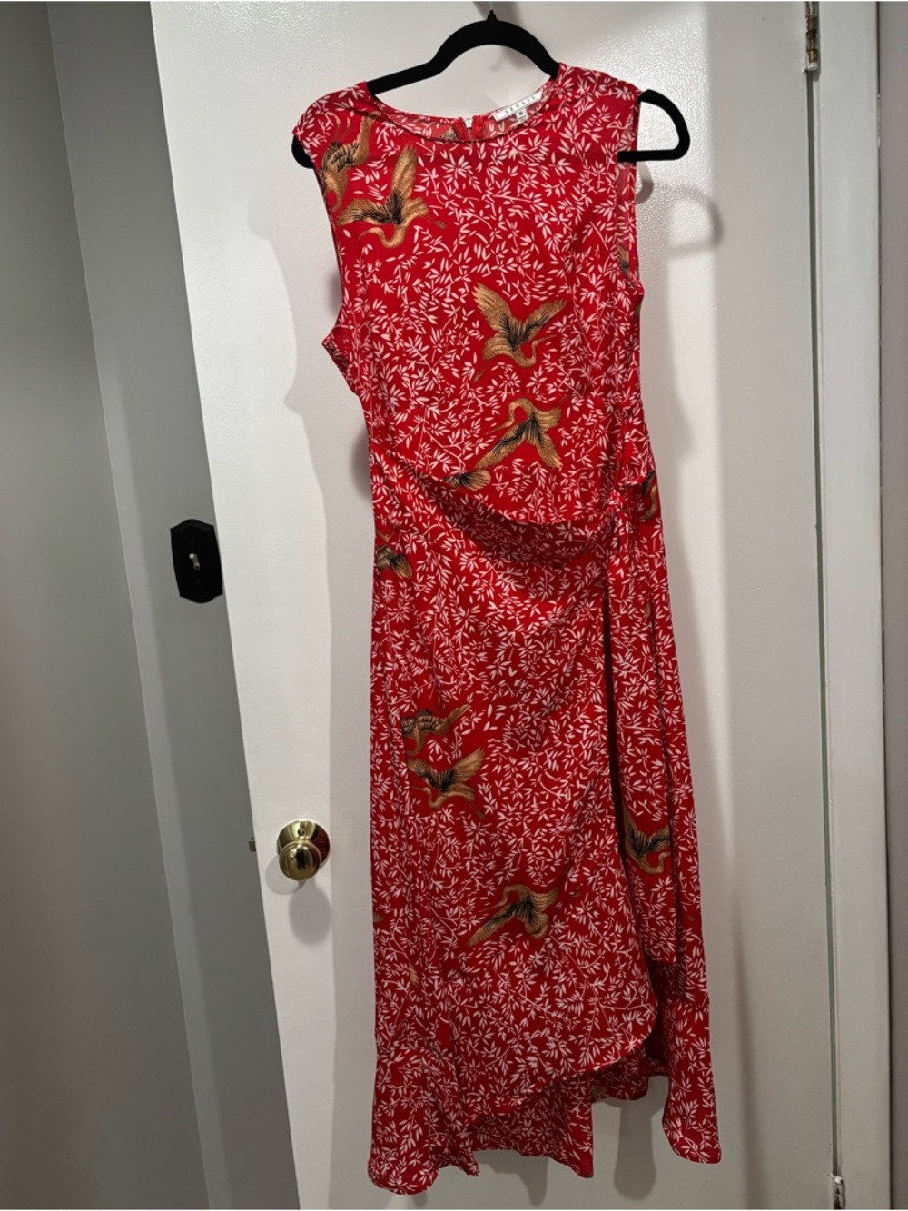 Senlis Sleeveless Red Maxi Dress with Bird & Leaf Print Medium